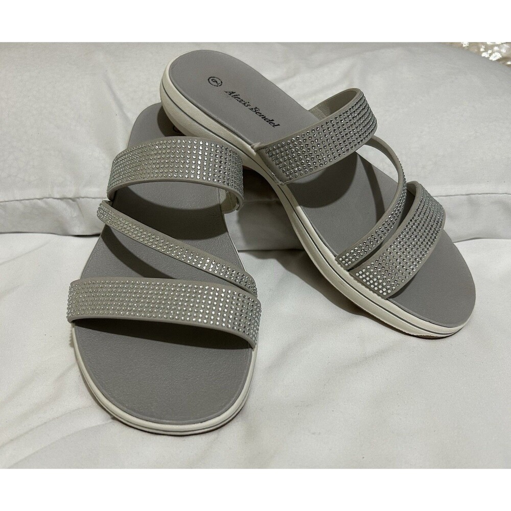 Alexis Bendel Gray Rhinestone Strappy Slide Slip-On Sandals Women's 9